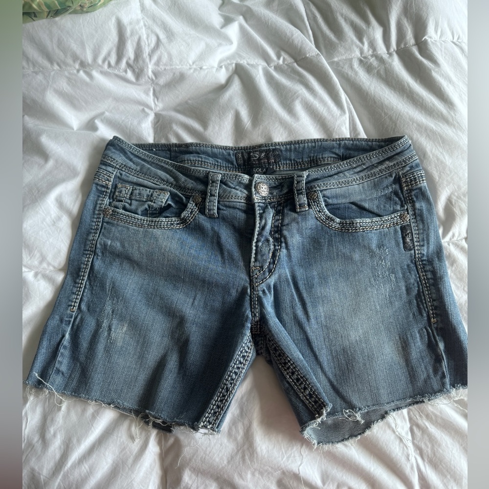 Silver Lola jeans, cut to 4.5” shorts